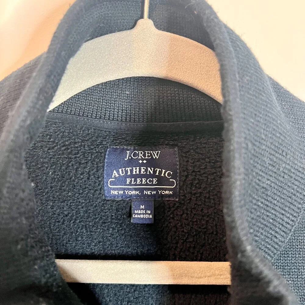 J. Crew Authentic Fleece Navy Blue Full Zip Elbow Patches Mock Neck Size Medium